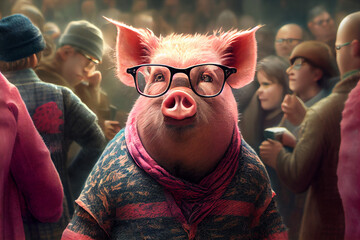 Pig in fashionable clothes against the background of a gray crowd. AI generated
