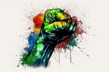  Rainbow colors painted hand raised making fist on a light background. LGBT pride symbol. Generative AI