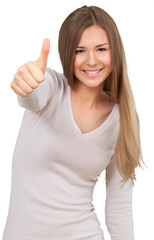Happy woman showing thumb up isolated on white background