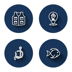 Set line Fishing jacket, Location fishing, hook and worm and with long shadow. Blue circle button. Vector