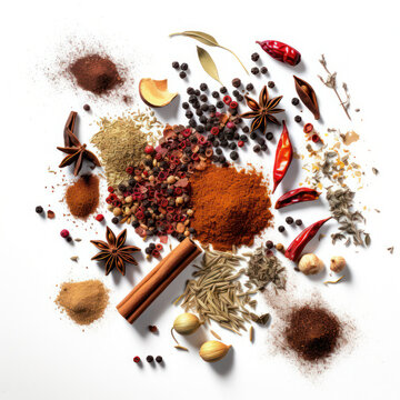 oriental spices and seasonings on a white background. top view. Generative AI