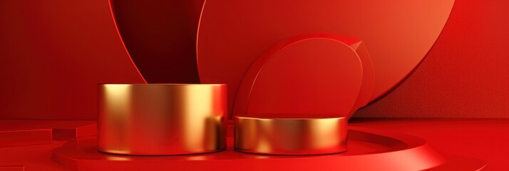  Red modern style one podium product showcase with golden ring frame Japanese style pattern background. A luxury stage for product advertising Generate AI.