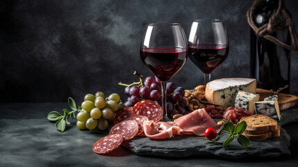 Red wine with charcuterie assortment on the stone background. Generative AI.