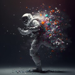 Fototapeta premium Astronaut in space, abstract forms, paint splashes