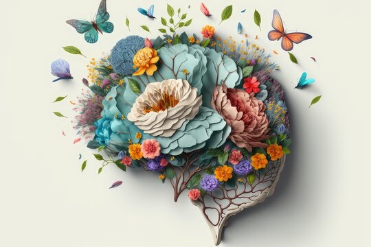 Human brain with tree, flowers and butterflies