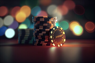 Poker Chips on Cinematic Blur Background: A Captivating Banner for Gaming Enthusiasts - obrazy, fototapety, plakaty