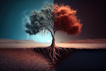 Symbolic Representation of Environmental Impact: A Single Tree Amidst Climate Change - obrazy, fototapety, plakaty