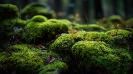 Green moss and rough stones in the dense forest. Based on Generative AI