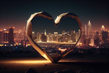 Heartfelt Cityscape: A Romantic Sculpture Against the Urban Skyline - obrazy, fototapety, plakaty