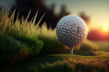 A Serene Scene: A Golf Ball Rests on Lush Green Grass, Inviting a Relaxing Game of Golf in Nature's Embrace. - obrazy, fototapety, plakaty