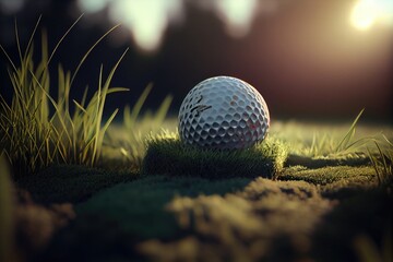 Serene Landscape: A Golf Ball Rests on Lush Green Grass, Inviting a Relaxing Game of Golf in Nature's Embrace - obrazy, fototapety, plakaty
