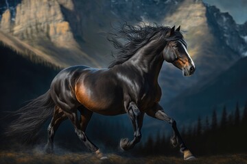 Graceful Equine Galloping Through Majestic Mountain Landscape