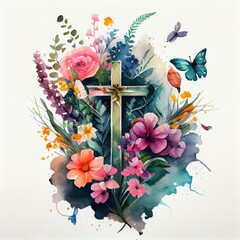 Floral Adorned Cross: A Serene Watercolor Painting