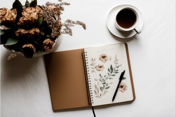 Stylish Flat Lay of Coffee and Planner on a Clean White Background for Organized Productivity and Relaxation