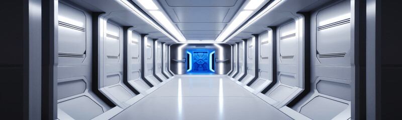 Obraz premium Space station scifi style corridor or hallway, leading to a blue illuminated room with airlock type door. White clean walls, ultra modern sci-fi design. Generative AI. 