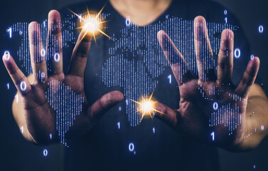 A hand seamlessly navigate the digital world map, the blurred binary code serving as a testament to the integration of business and technology.
