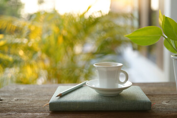 White coffee cup and plant pot on wooden table balcony outdoor