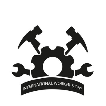 Icono cartel del dia internacional del trabajador sobre un fondo blanco liso y aislado. Vista de frente y de cerca. Copy space