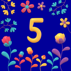 Fototapeta na wymiar set of yellow 3d numbers an symbols on multicolored background with flowers and plants, 3d rendering, five