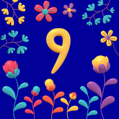 Fototapeta na wymiar set of yellow 3d numbers an symbols on multicolored background with flowers and plants, 3d rendering, nine
