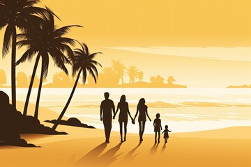 Silhouette of a happy family on the beach at sunset. Generative ai.