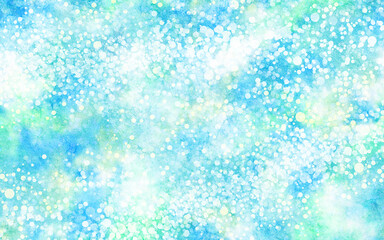 涼しげなイラスト　飛沫のような絵の具の粒子と青いぼかしのグランジ背景　キラキラしたテクスチャ