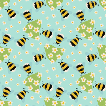 Seamless bumble bee pattern, Cute busy bees with daisy print,  Cartoon bumblebees ornament,  Flat moder illustration design, Nursery background, Children textile design