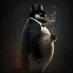 Mobster Penguin: A Cigar-Smoking Bird of the Underworld, Ready to Rule the Streets with His Sharp Style and Ruthless Tactics - obrazy, fototapety, plakaty