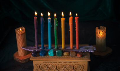 Energy healing, reiki session rite with candles, spiritual practice. Wicca magic, new world,...
