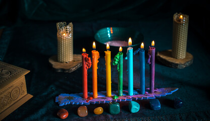 Energy healing, reiki session rite with candles, spiritual practice. Wicca magic, new world,...