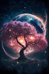 Beautiful Cherry Blossom and Nebula in Cosmic Harmony
