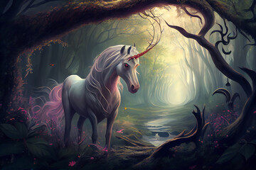 Unicorn in the mysterious forest. AI generated