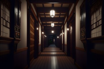 Serene Tatami Hallway: A Japanese-style Connecting Corridor at Night