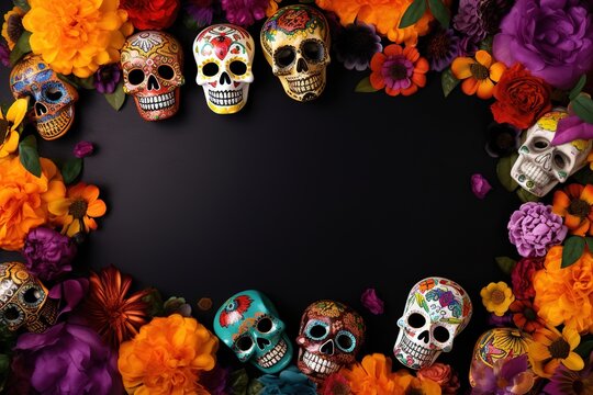 Colorful skulls and flowers frame over dark background with copy space. Generative AI