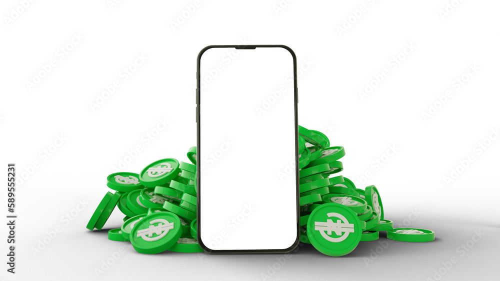 Aufkleber 3d rendering of mobile phone with blank screen with e naira logos behind isolated on transparent bac