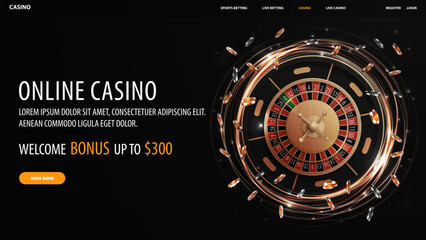 Online casino, black banner with offer, button and gold shine realistic rotate Casino Roulette wheel with poker chips