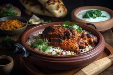 Indian tandoori dish with spicy marinated chicken served over white rice. Generative AI