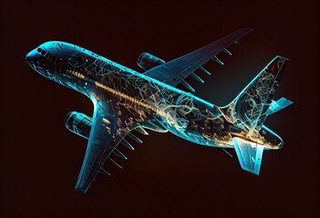 Airplane hologram on dark background, generative ai