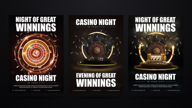 Casino night, set of invitation black posters with casino elements. Posters with Casino Roulette wheel, playing cards, slot machine and poker chips