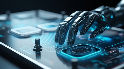 a robot's hand pressing a button on an interface with electronic devices, in the style of geometric balance, light navy and light azure