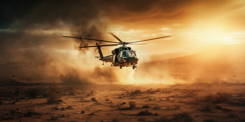 Naklejka na ściany i meble Thunder in the Desert: Military Helicopter in Action. Generative AI
