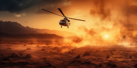 Fototapeta na wymiar military chopper crosses crosses fire and smoke in the desert, wide poster design with copy space area. Generative AI