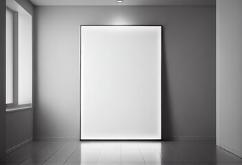 Blank white poster on light grey partition in styliesh empty room in grey shades and led lights on walls. 3D rendering, mockup. Generative AI