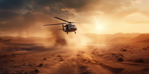 Fototapeta na wymiar High in the Sky: Military Chopper Crossing the Desert. Generative AI