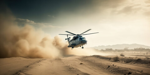 Fototapeta na wymiar Desert Storm: Military Helicopter Crosses the Fire Zone. Generative AI