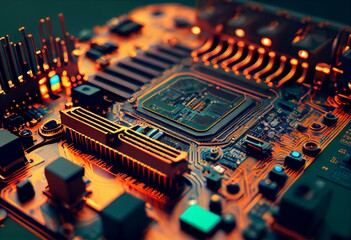 Computer 3d modeling of the printed circuit
board of an electronic device. Thermal analysis.
Investigation of the temperature distribution on the surface of the printed circuit board,. Generative AI - obrazy, fototapety, plakaty