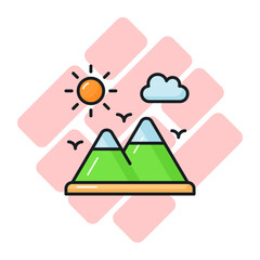 A beautiful view of the mountain landscape. Mountain and sun denoting icon of hill station in trendy style