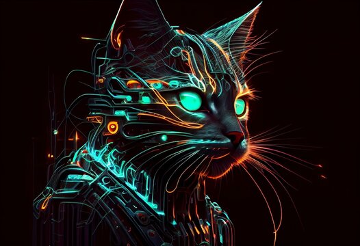 Neon cyber cat on black background, digital art, futuristic character, cyberpunk style. Robotic hacker, image is AI generated. Future technologies. Generative AI