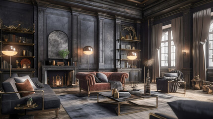 Zoom background, Dark and Dramatic Luxury, A Refined Living Room with Ornate Decor, Generative AI