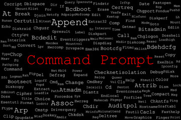 Tagcloud made of Command Prompt commands randomly placed on a black background. The title Command Prompt is in red in the middle.